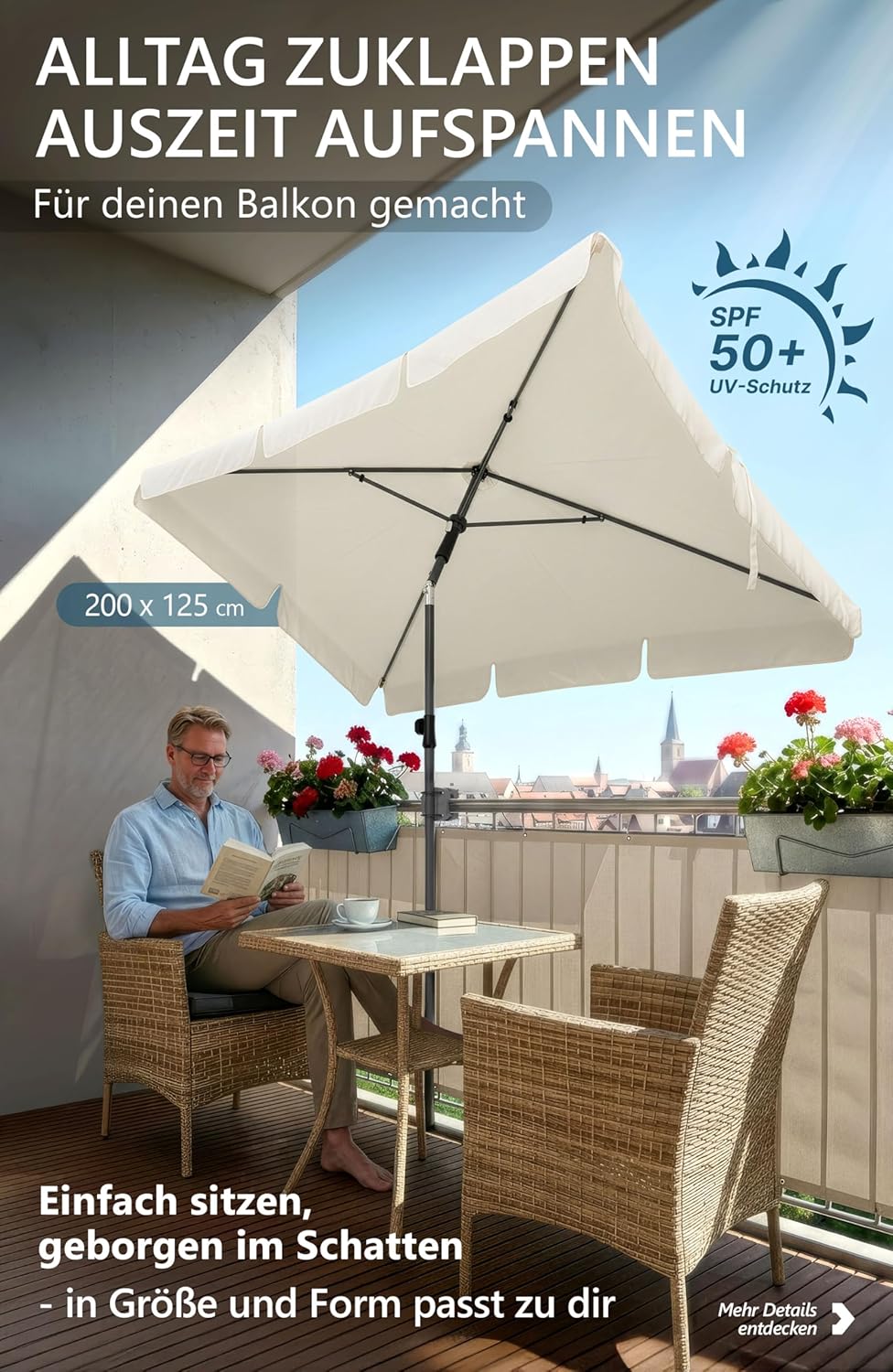 4smile Sonnenschirm Balkon, Sonnenschirm rechteckig 200x125 cm, Sonnenschutz Balkon mit UPF 50+, Bal