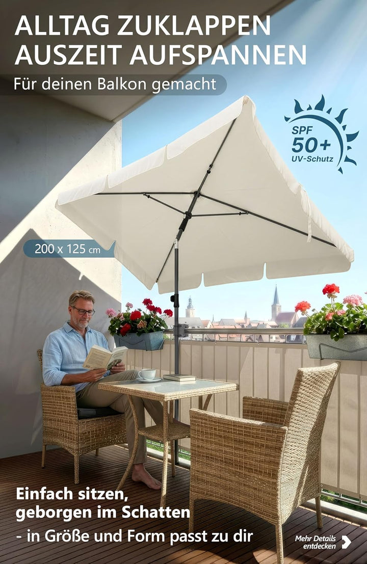 4smile Sonnenschirm Balkon, Sonnenschirm rechteckig 200x125 cm, Sonnenschutz Balkon mit UPF 50+, Bal