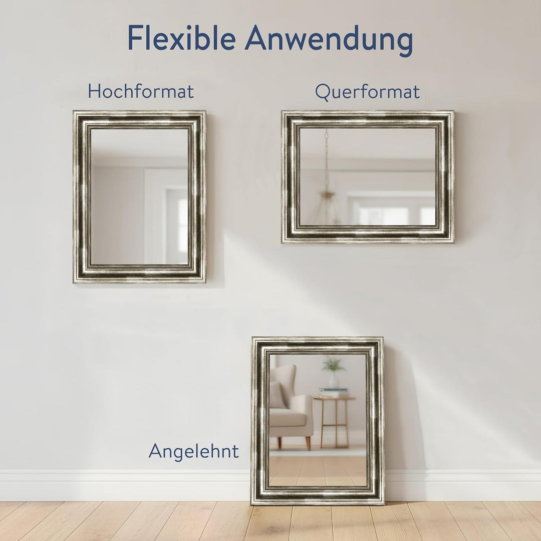 WANDStyle Spiegel Barock und Antik I Aussenmass: 30x40cm I Farbe: Silber I silberner Wandspiegel aus
