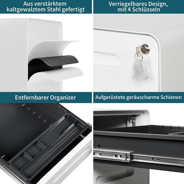 Rollcontainer mit 4 Schubladen, Aktenschrank, Abgerundetes Eckendesign, Abschliessbar, 4 Schlüsseln,
