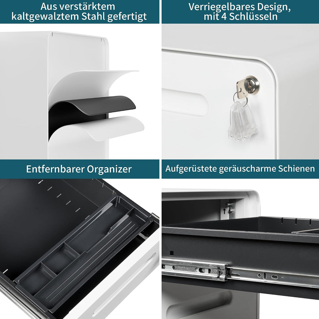 Rollcontainer mit 4 Schubladen, Aktenschrank, Abgerundetes Eckendesign, Abschliessbar, 4 Schlüsseln,