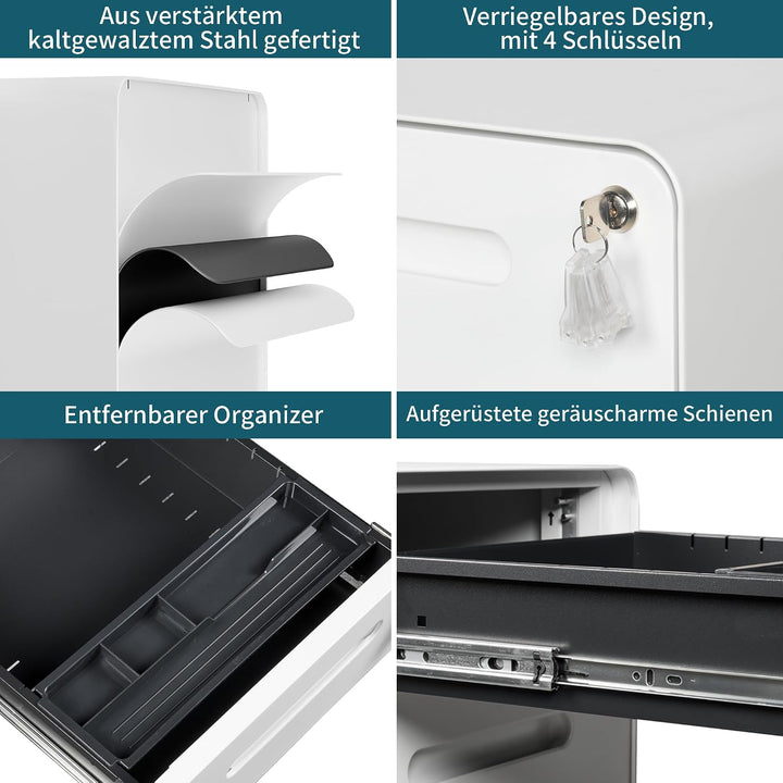 Rollcontainer mit 4 Schubladen, Aktenschrank, Abgerundetes Eckendesign, Abschliessbar, 4 Schlüsseln,