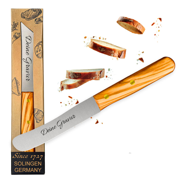 Personalisiertes Frühstücksmesser Solingen mit Holzgriff (Olive, 1x Glattschliff) Olive 1x Glattschl