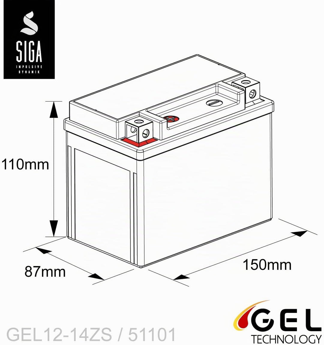 SIGA Gel Motorradbatterie 12V 12Ah 270A/EN Gel Batterie YTZ14-S GEL12-14ZS GTZ14-4 TTZ14S-4 51101 12