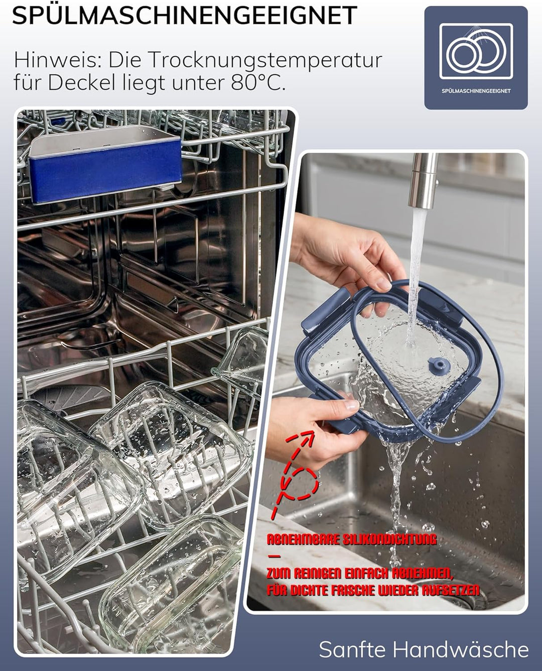 5er-Pack Borosilikatglasbehälter mit gehärtetemDeckel, 1040 ml/ 4,4 Tassen, luftdichtes Mahlzeiten-V
