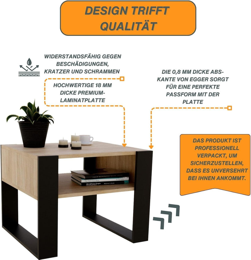 CraftPAK Wohnzimmer Tisch für Couch aus hochwertigem Holz, Stabiler & moderner Couchtisch mit zusätz