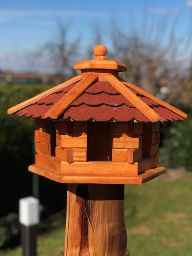 Handgefertigtes Sechseck Vogelhaus aus Holz wetterfest M - XXL wahlweise mit und ohne Ständer, Futte
