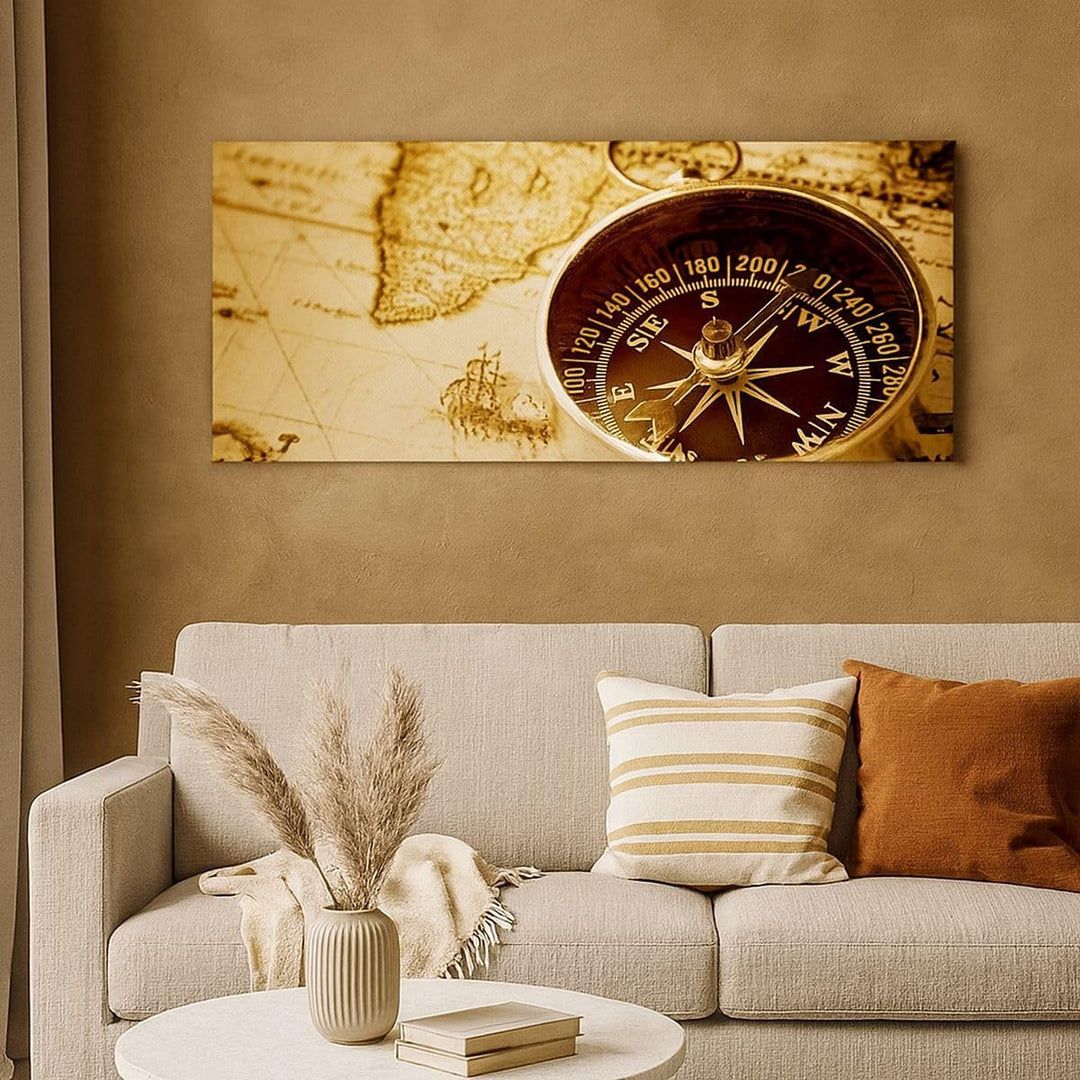 Wandbilder Dekoration Wohnzimmer Kompass alt reisen Reise Panorama Bilder auf Leinwand 120x50cm Lein