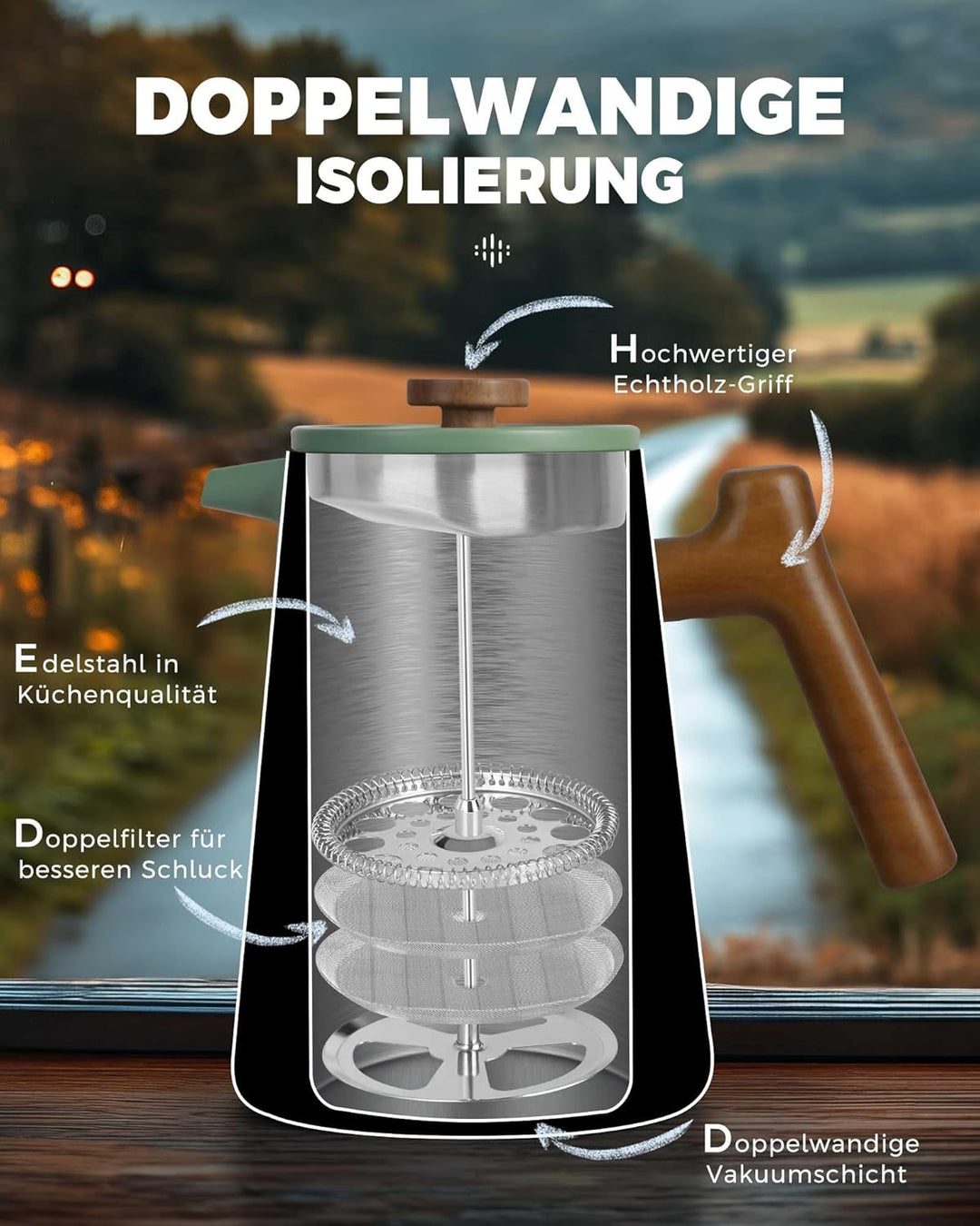 POLIVIAR 7379 French Press 1 Liter Edelstahl, Doppelwandige French Press Thermo Kaffeepresse mit Hol
