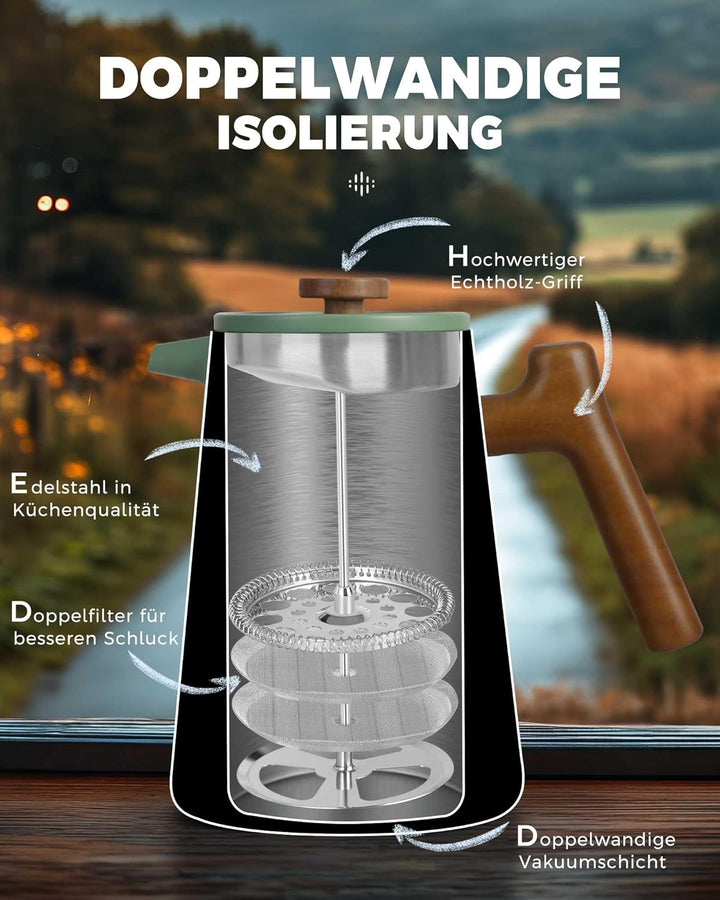 POLIVIAR 7379 French Press 1 Liter Edelstahl, Doppelwandige French Press Thermo Kaffeepresse mit Hol