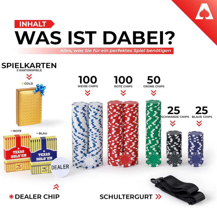 Pokerkoffer | PokerSet mit 300 Pokerchips je 11,5 g im Casino Stil - Poker Chips Set + Goldene Karte