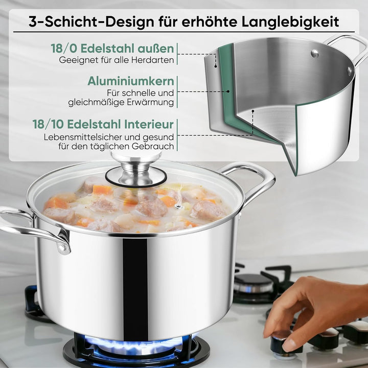 Kochtopf, Onader 3-Lagen Edeastahl Topf Induktion, 7,5L Gross Kochtöpfe Nudeltopf Suppentopf mit Gla