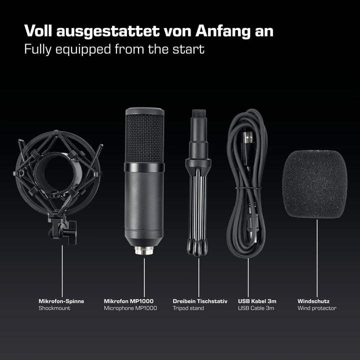 DOCKIN® MP1000 Podcast Mikrofon für PC & Mac mit extralangem 3m USB-Kabel, Streaming Mikrofon mit Dr