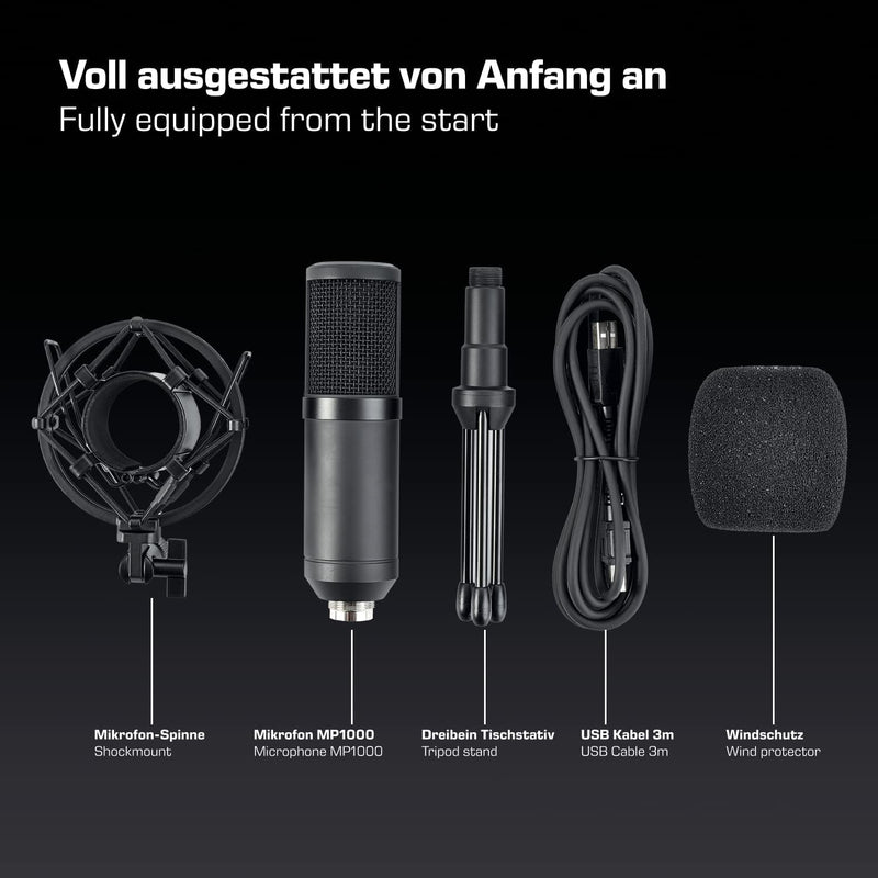 DOCKIN® MP1000 Podcast Mikrofon für PC & Mac mit extralangem 3m USB-Kabel, Streaming Mikrofon mit Dr