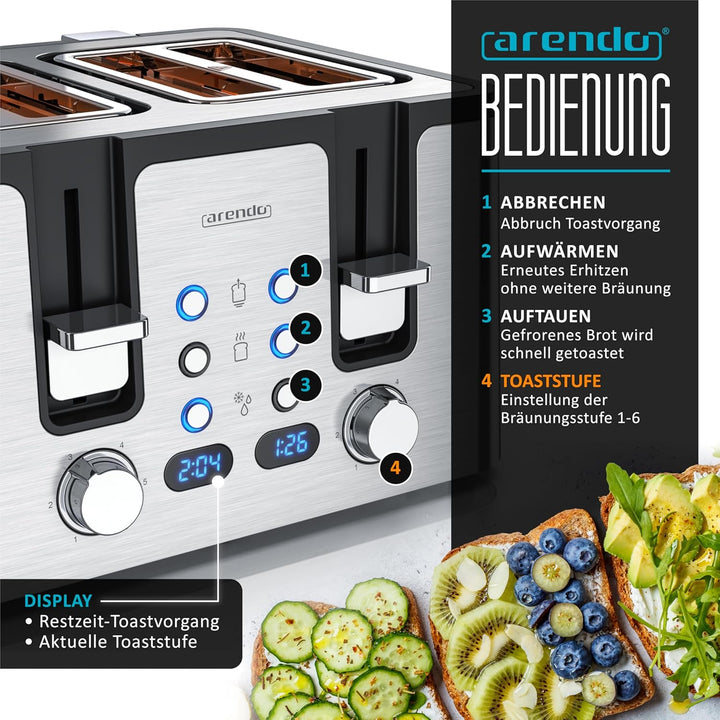 Arendo - Toaster 4 Scheiben Edelstahl - mit Brötchenaufsatz - 4 Schlitze - LED Anzeige Restzeitanzei