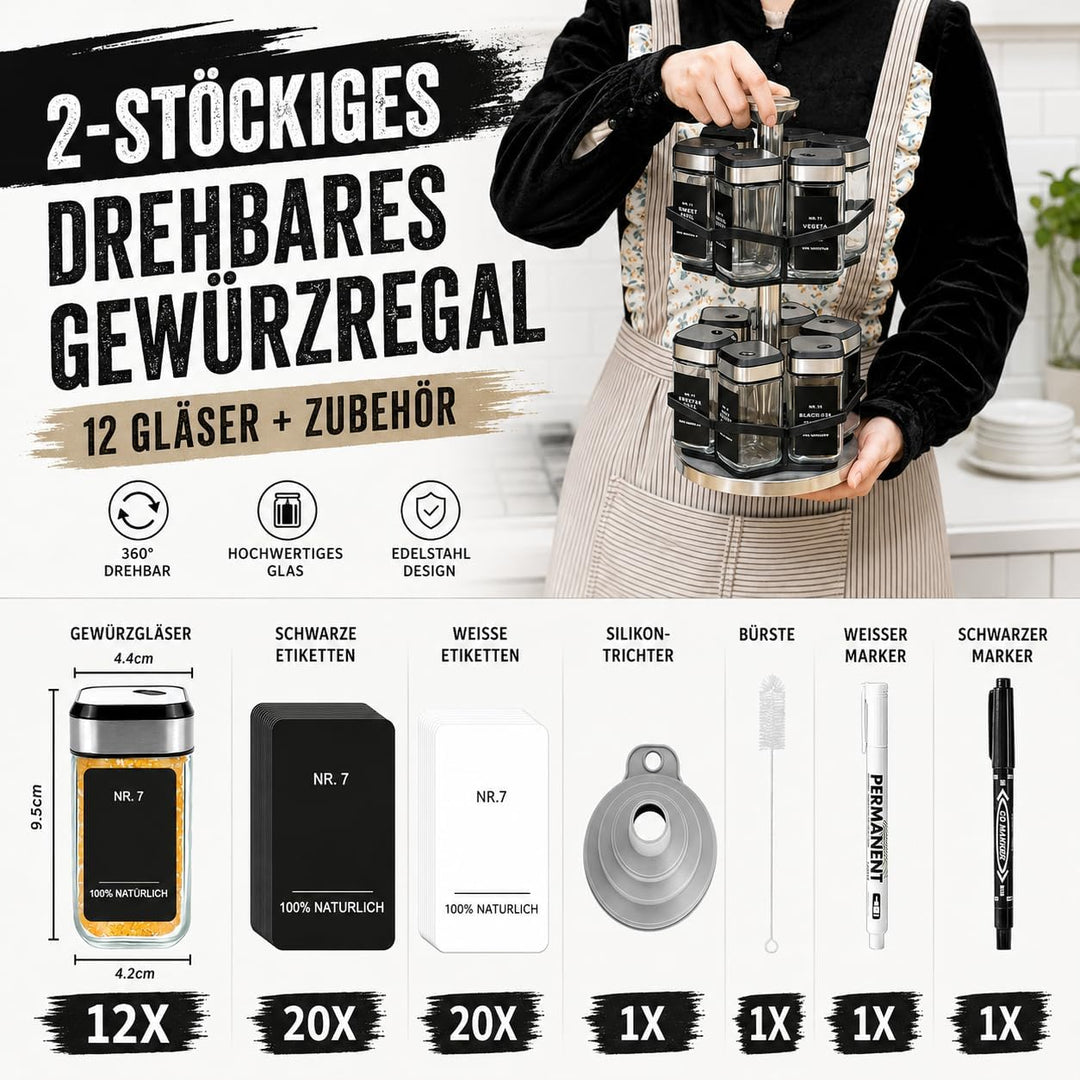 SIAZIH Gewürzregal Drehbar 2 Etagen mit 12 x 120ml Gewürzgläser, 360°-Uhr Lochgrösse wählen, 360° Ge