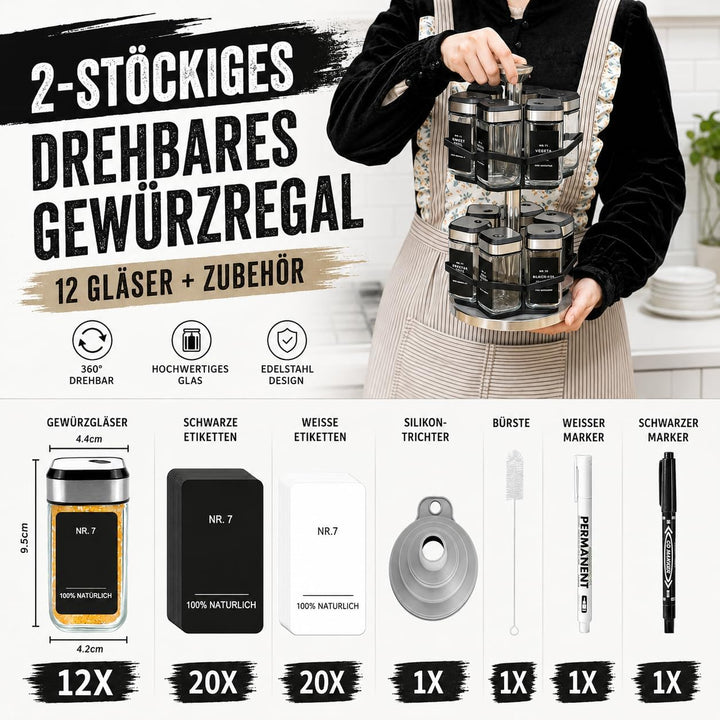SIAZIH Gewürzregal Drehbar 2 Etagen mit 12 x 120ml Gewürzgläser, 360°-Uhr Lochgrösse wählen, 360° Ge