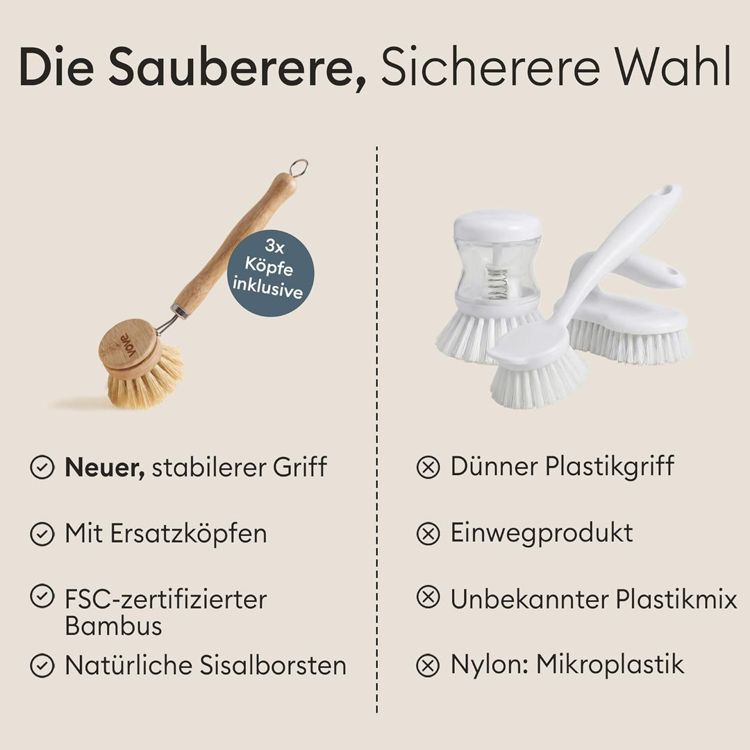 Vove Bambus-Spülbürste, FSC-Zertifiziert - mit 3 Ersatzköpfen - Naturfaser-Borsten, plastikfrei & sc