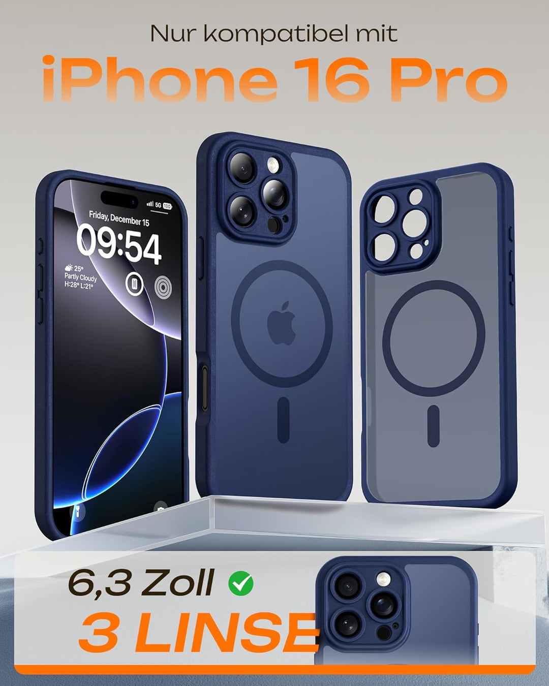 TOCOL 3 in 1 für iPhone 16 Pro Hülle für Magsafe, mit 2 Schutzglas, Vollständiger Kameraschutz Stoss