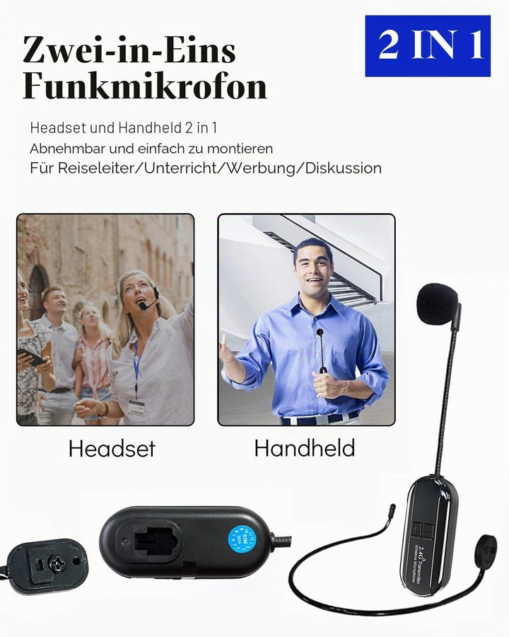 Wireless Mikrofon Headset, 2.4G Kabelloses Mikrofon, funkmikrofon headset mit 50M Reichweite, Wieder