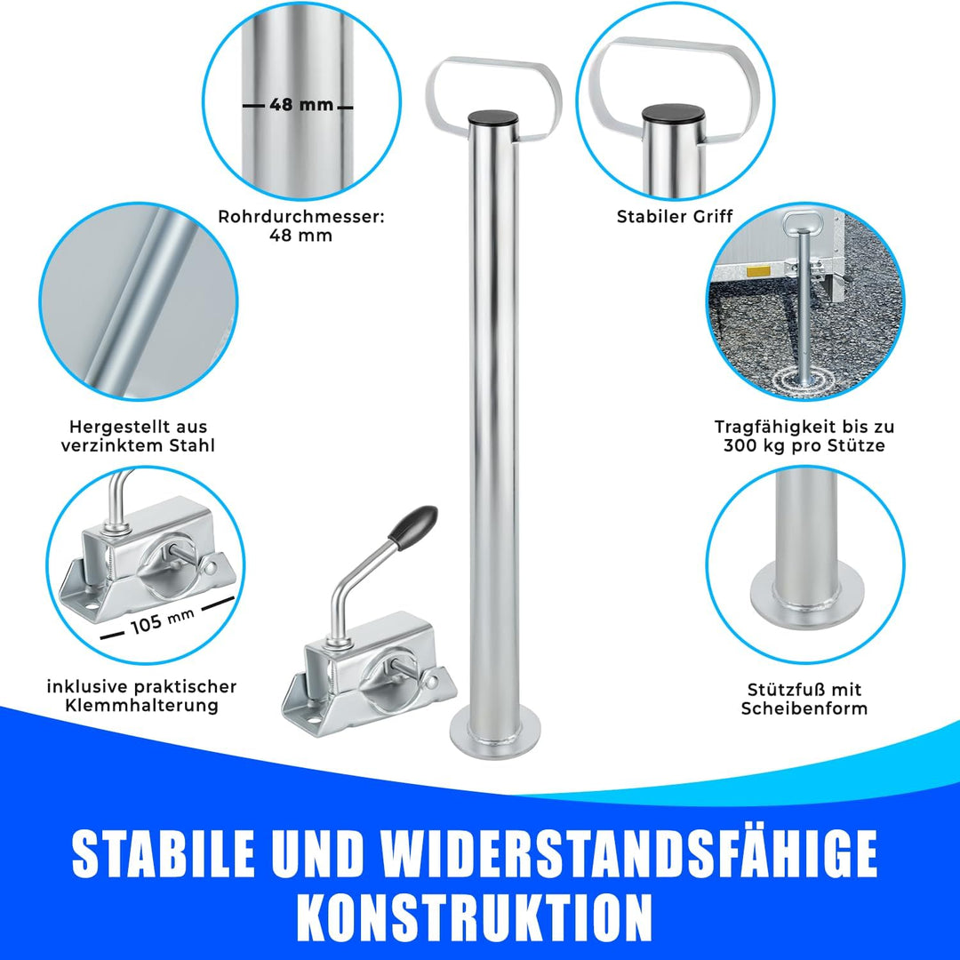 AUTOLIGHT 24 2 x Anhänger Stützen mit Klemmschellen und Schrauben Set Anhängerstützen mit Halterung