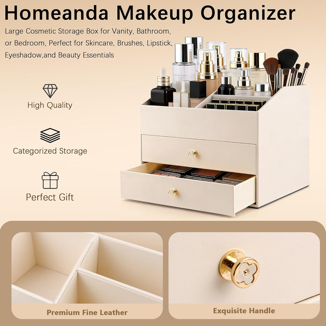 Homeanda Make-up-Organizer aus Kunstleder mit 2 Schubladen – Schreibtisch-Organizer für Kosmetik, Li