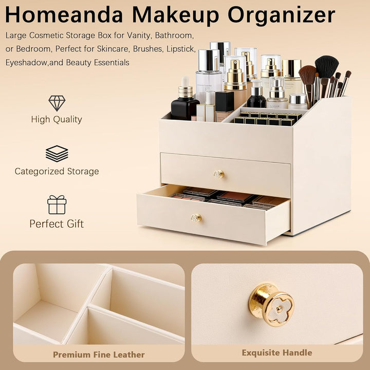 Homeanda Make-up-Organizer aus Kunstleder mit 2 Schubladen – Schreibtisch-Organizer für Kosmetik, Li