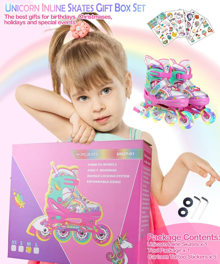 Einhorn Inliner für Mädchen Kinder Grössen Verstellbar Mit Allen Leuchtenden Rädern Regenbogen Inlin