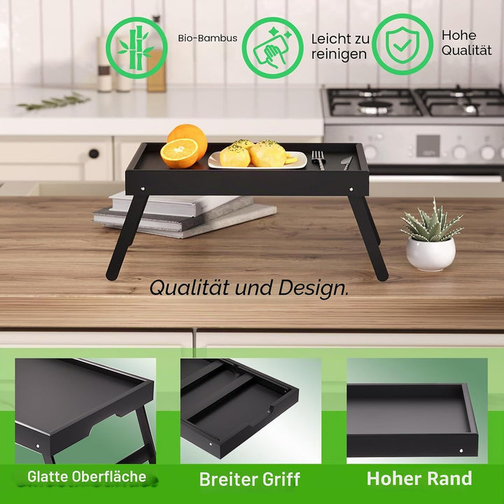 2er Pack Betttablett mit klappbaren Beinen, Bambus Frühstückstabletts, Serviertablett Betttisch für