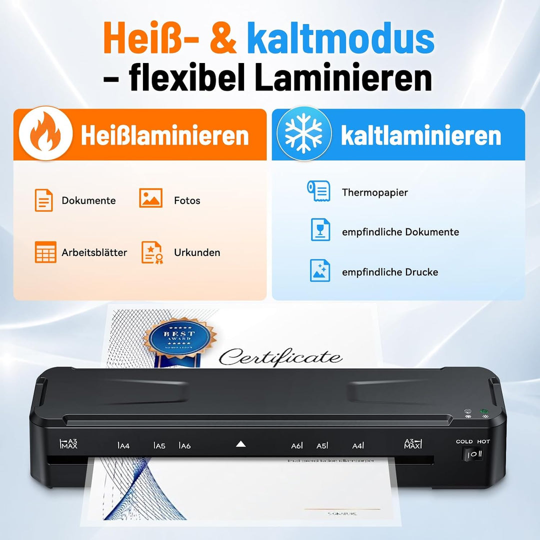 MAXDONE Laminiergerät A3, Laminiergerät, 2-Walzen System mit Papierschneider &amp; Eckrunde, Heiss und K