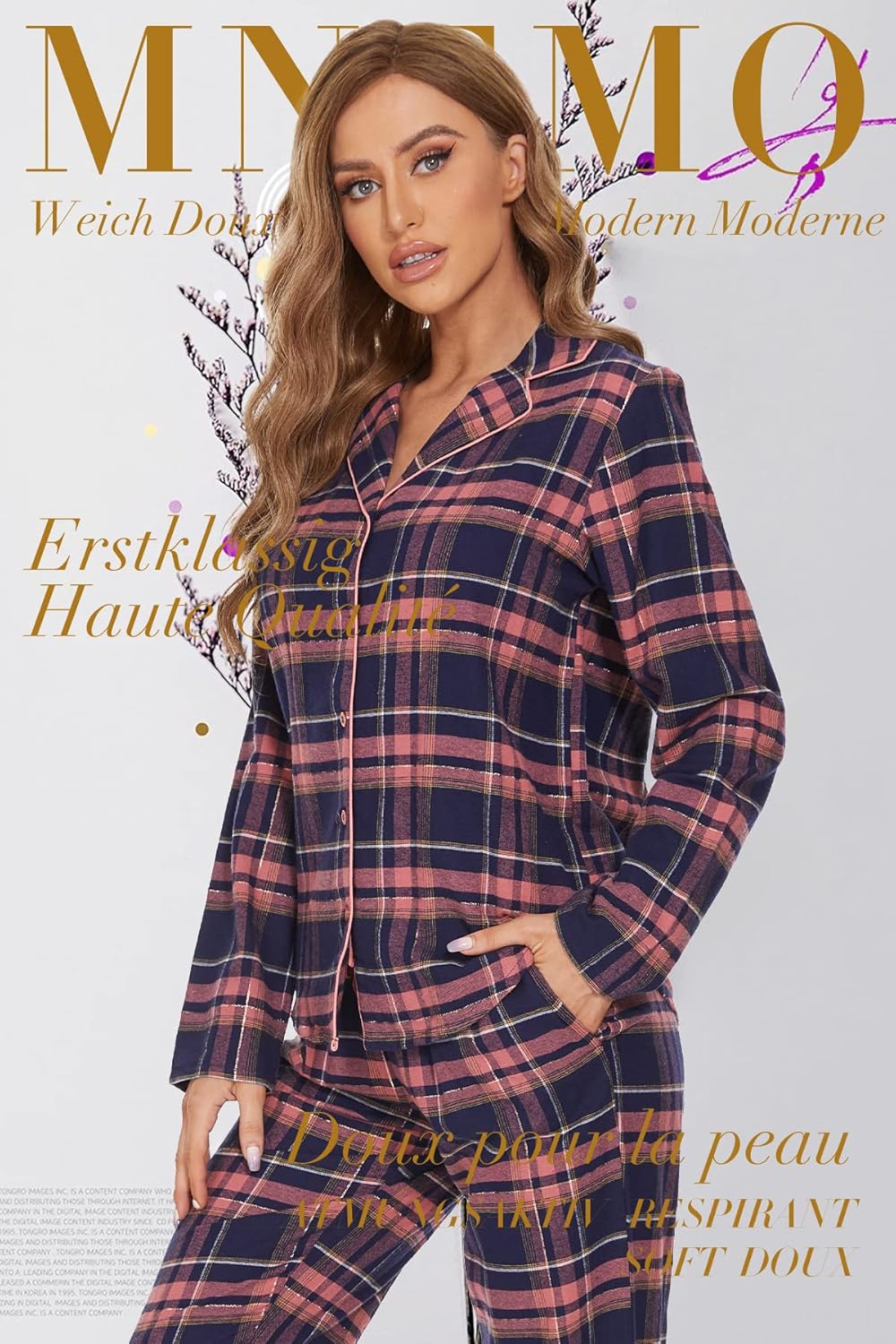 Mnemo Home Damen Schlafanzug Lang Flanell Pyjama Damen 100% Baumwolle aus Flanell Blaures Pulver mit