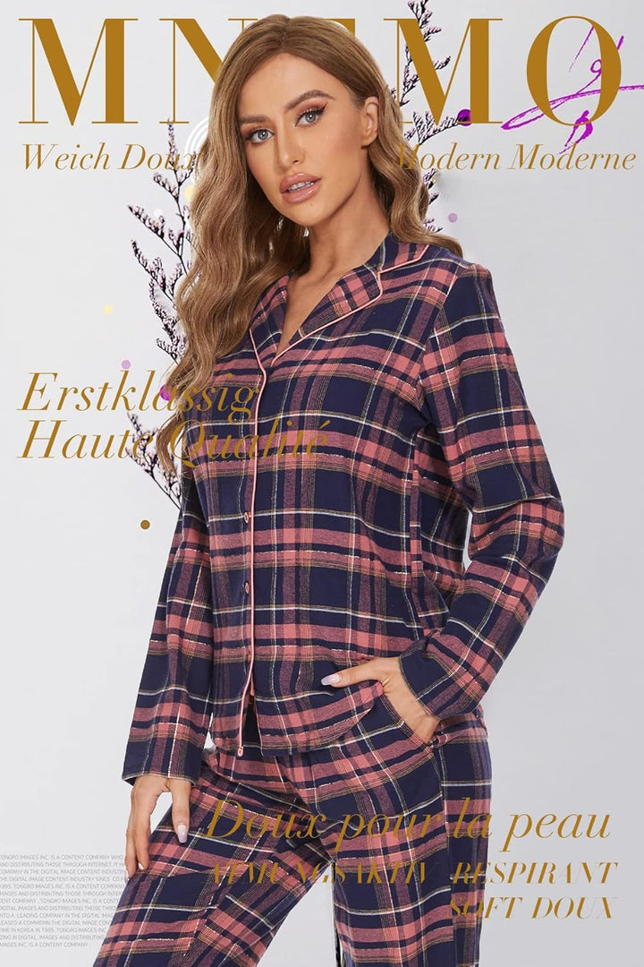 Mnemo Home Damen Schlafanzug Lang Flanell Pyjama Damen 100% Baumwolle aus Flanell Blaures Pulver mit