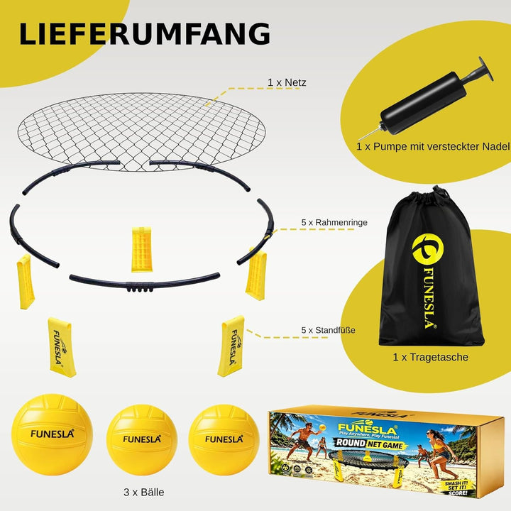 Roundnet Set mit Tasche für Strand & Garten, Outdoorspiel mit direkter Steckmontage, inkl. 3 Bälle (