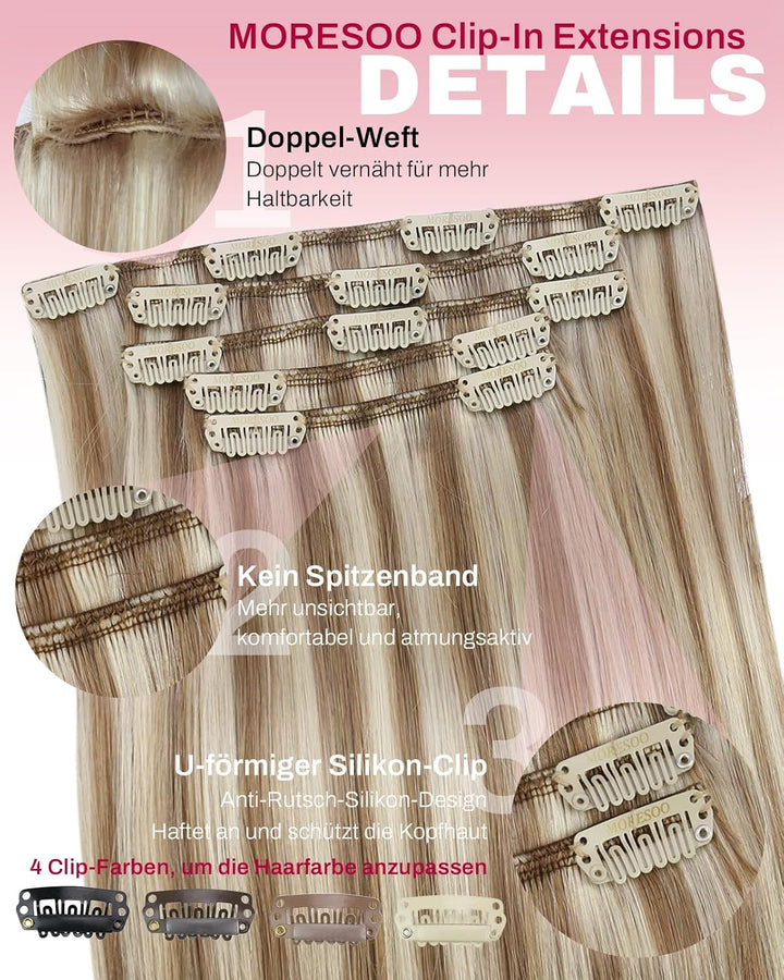 Moresoo Clip in Extensions Echthaar Braun mit Blond Remy Echthaar Extensions Clip Doppelt Tressen Cl