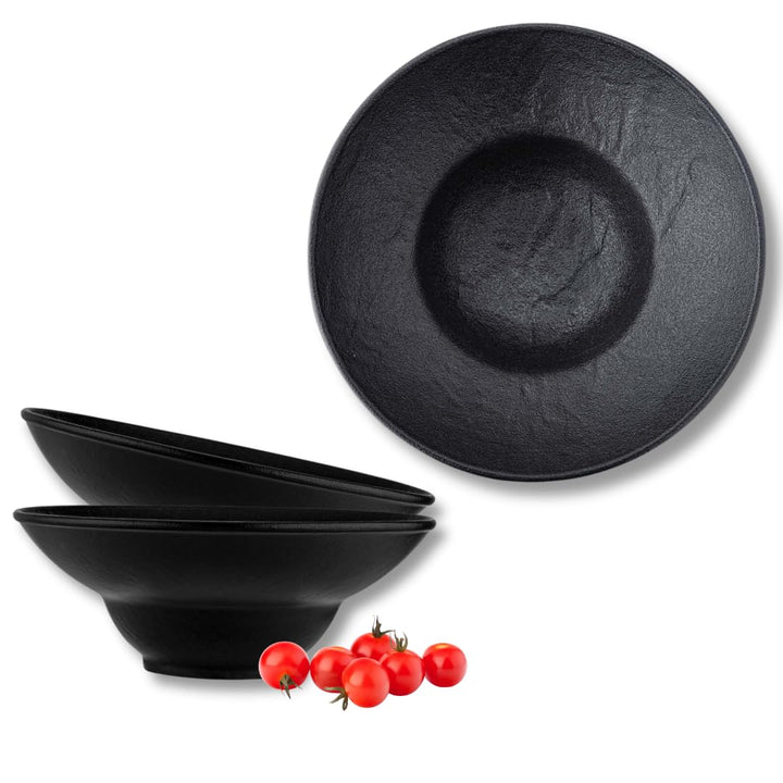 Wilmax | Tiefe Schalen - 2 Stück 22,5 cm / 1100 ml | Schwarze Pastateller | Natursteintextur | Für P
