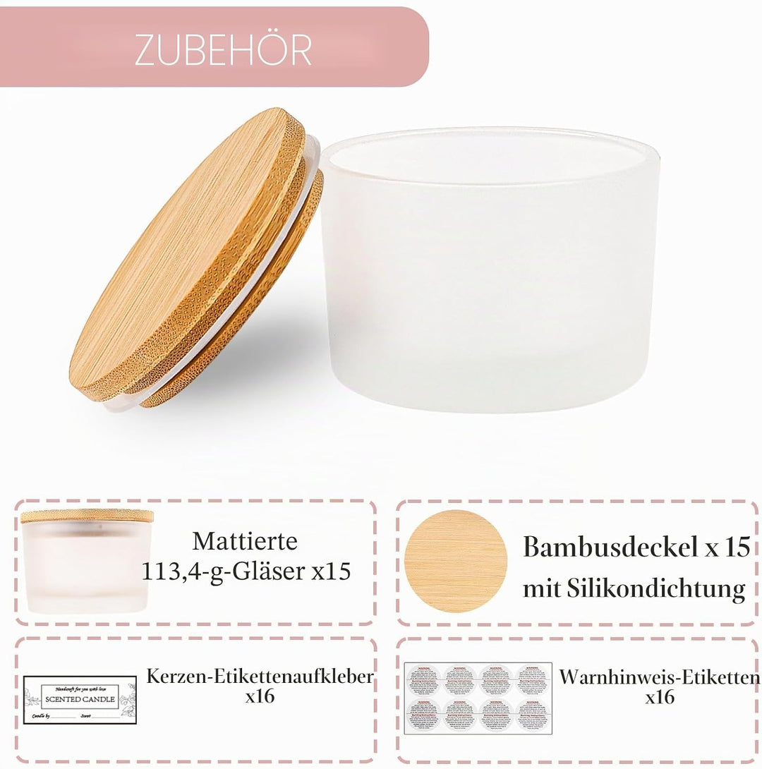 CONNOO 15 Stück 120 ml Frostige Glas-Kerzengläser mit luftdichten Bambusdeckeln zum Kerzenmachen, kl