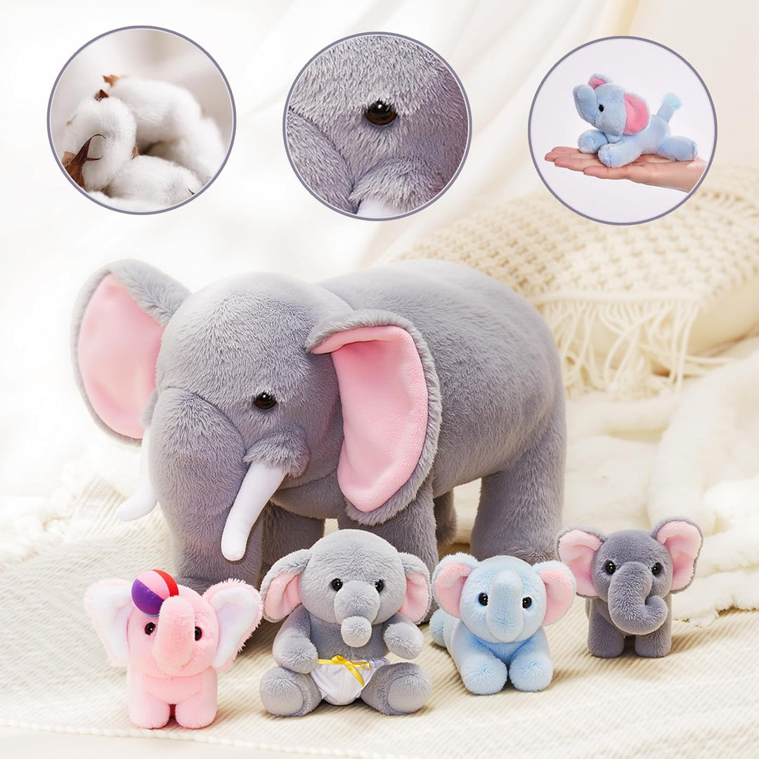OUOZZZ 5er Set Elefant Kuscheltier Plueschtier Mama mit 4 Babys im Bauch | Interactive Plueschtier-M