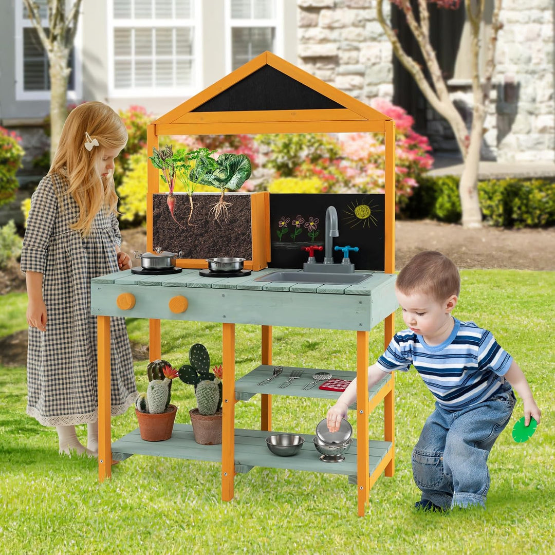 DREAMADE Matschküche Kinder Outdoor, Kinderküche Tannenholz, Spielküche mit Wasserhahn, Waschbecken,