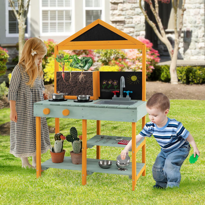 DREAMADE Matschküche Kinder Outdoor, Kinderküche Tannenholz, Spielküche mit Wasserhahn, Waschbecken,