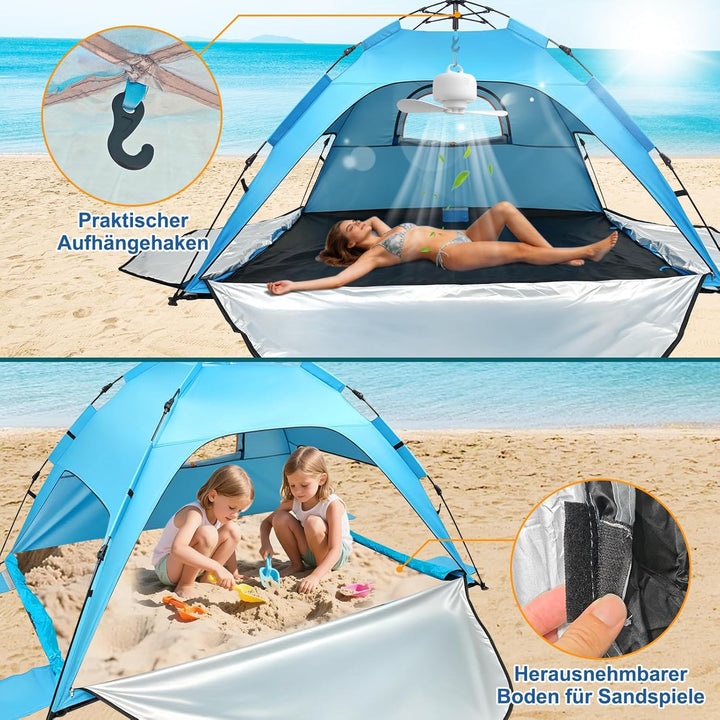 Strandzelt Strandmuschel Pop Up, UV Schutz 50+ Sonnenzelt mit Wasserdichter Strandmatte für 3-4 Pers