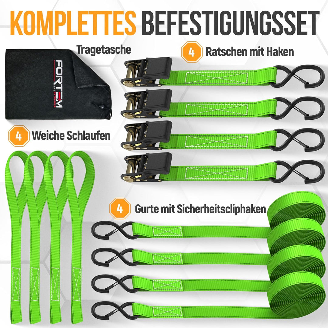 FORTEM Spanngurte, 1043 kg Bruchfestigkeit, 4 x 4,57 m Spanngurte mit Ratsche - 4 Weiche Zurrschlauf