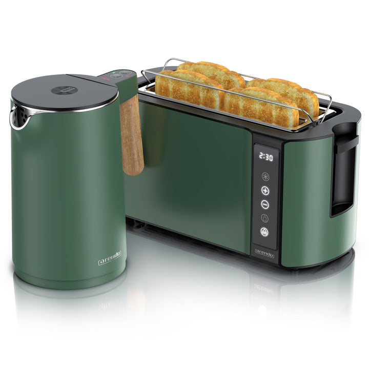 Arendo - Küchen Set - Edelstahl Wasserkocher mit Temperatureinstellung - Edelstahl Toaster Langschli