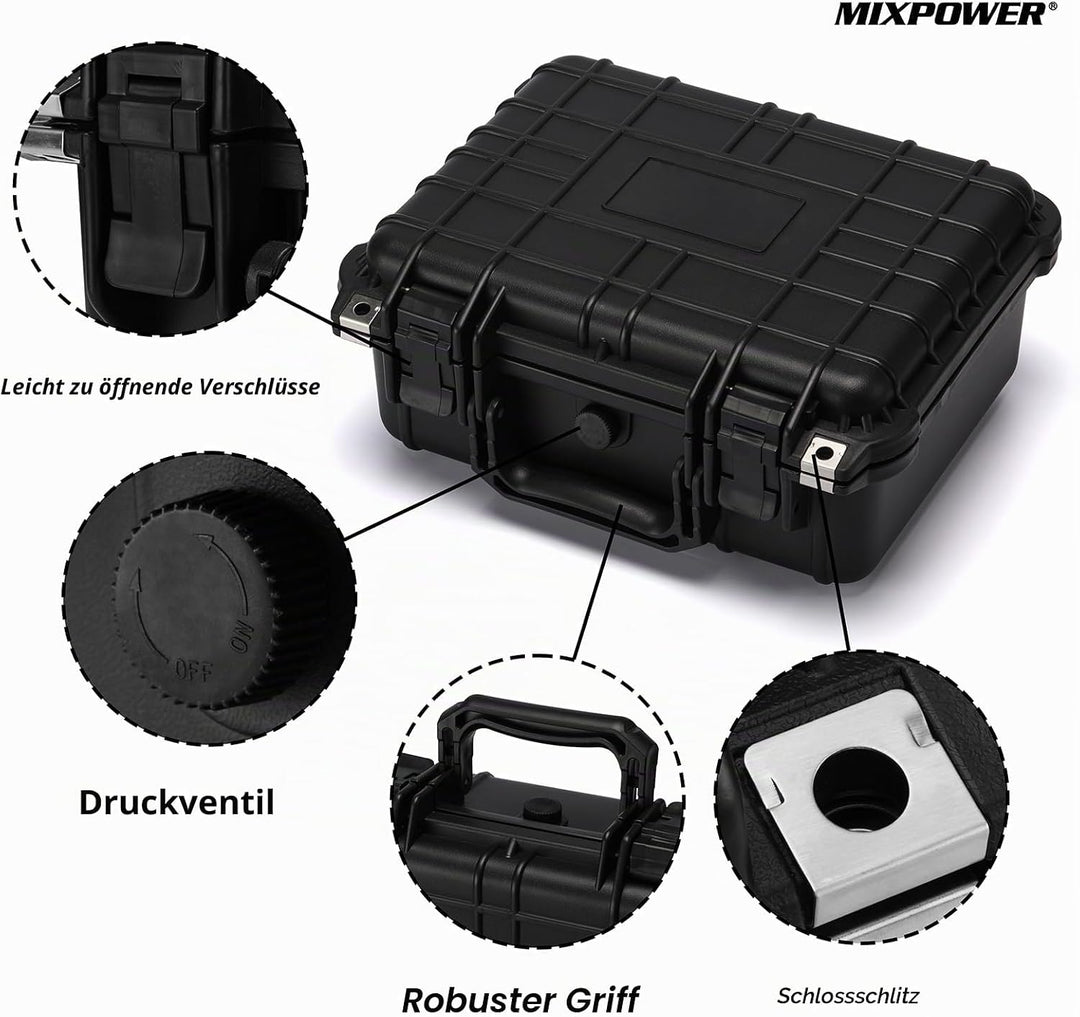 MIXPOWER Wasserdichte Kunststoff-Werkzeugkiste mit Schaumstoff, 34 x 29,5 x 15,2 cm, IP67 abschliess