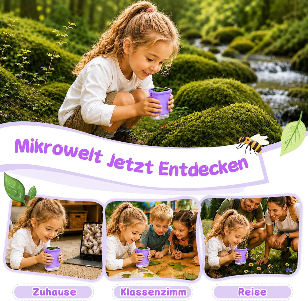 Digitales Mikroskop für Kinder 1000X, Abenteurer Mikroskop für Kinder mit 2 Zoll HD-Bildschirm, 8 LE
