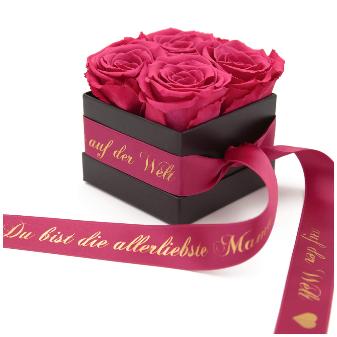 ROSEMARIE SCHULZ Heidelberg Flowerbox 8,5 x 8,5 cm 4 Infinity Rosen haltbar 3 Jahre Gravur Goldschri