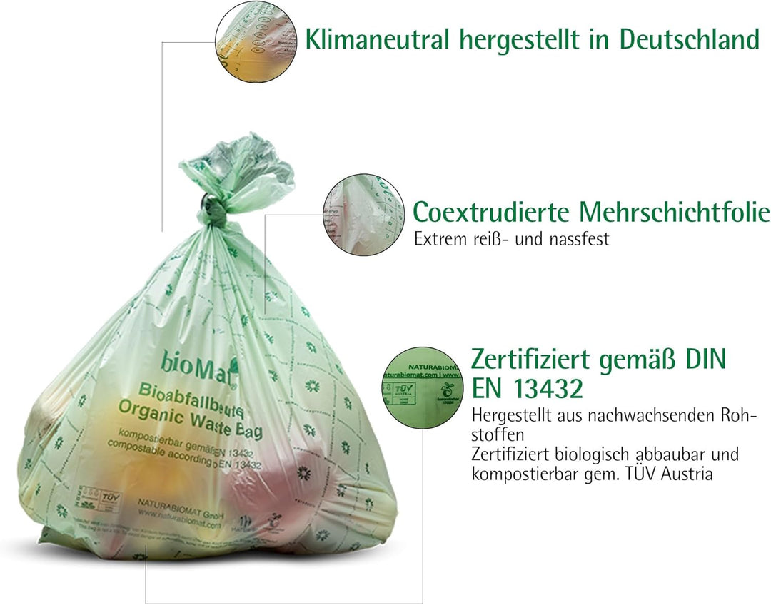bioMat 30l kompostierbare und klimaneutrale Bioabfallbeutel, 20 Stk. Biomüllbeutel, DIN+ Zertifizier