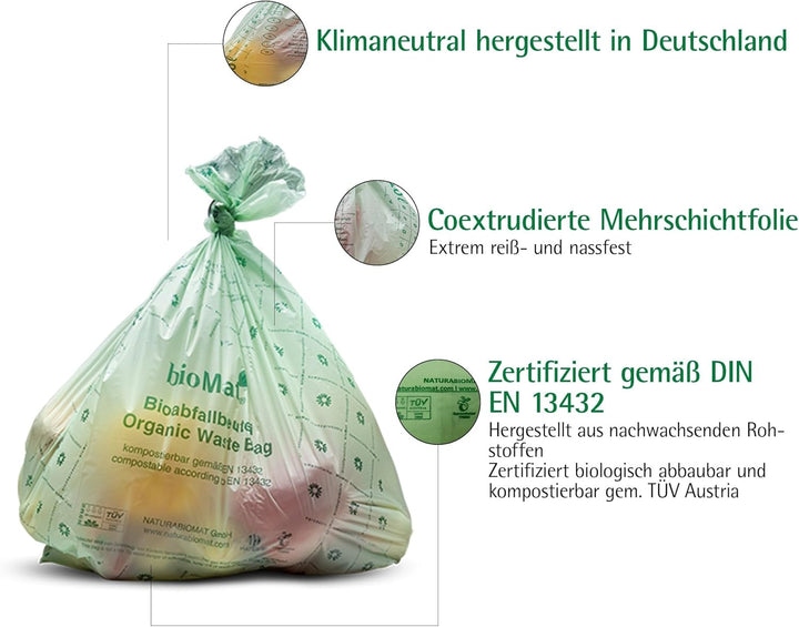 bioMat 30l kompostierbare und klimaneutrale Bioabfallbeutel, 20 Stk. Biomüllbeutel, DIN+ Zertifizier