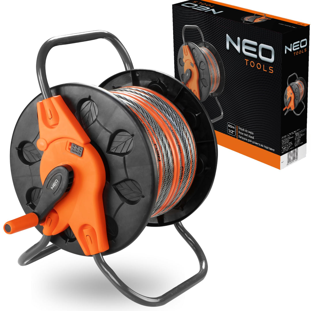 NEO TOOLS Schlauchtrommel bis 60 m Gartenschlauch (1/2") - Schwarz/Orange Schlauchhalter aus Hochwer