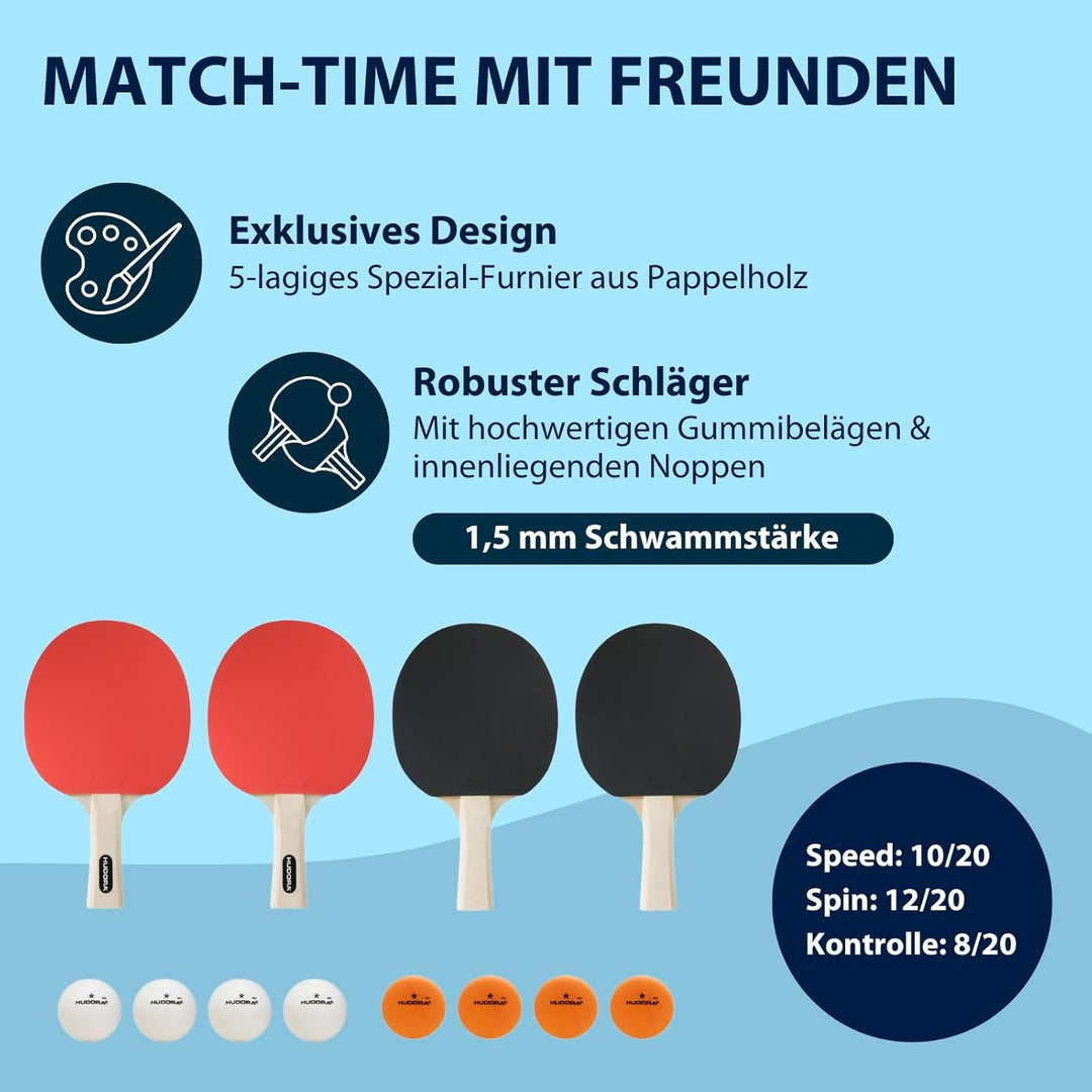 HUDORA Tischtennis Set Friends - hochwertiges Tischtennisschläger Set mit 4 Schlägern &amp; 8 Bällen - P