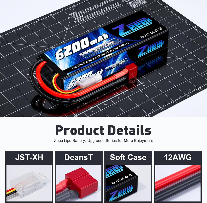 Zeee 2S Lipo Akku 7,4V 80C 6200mAh mit Deans Steck Hardcase RC Batterie für RC Auto RC Flugzeug RC H